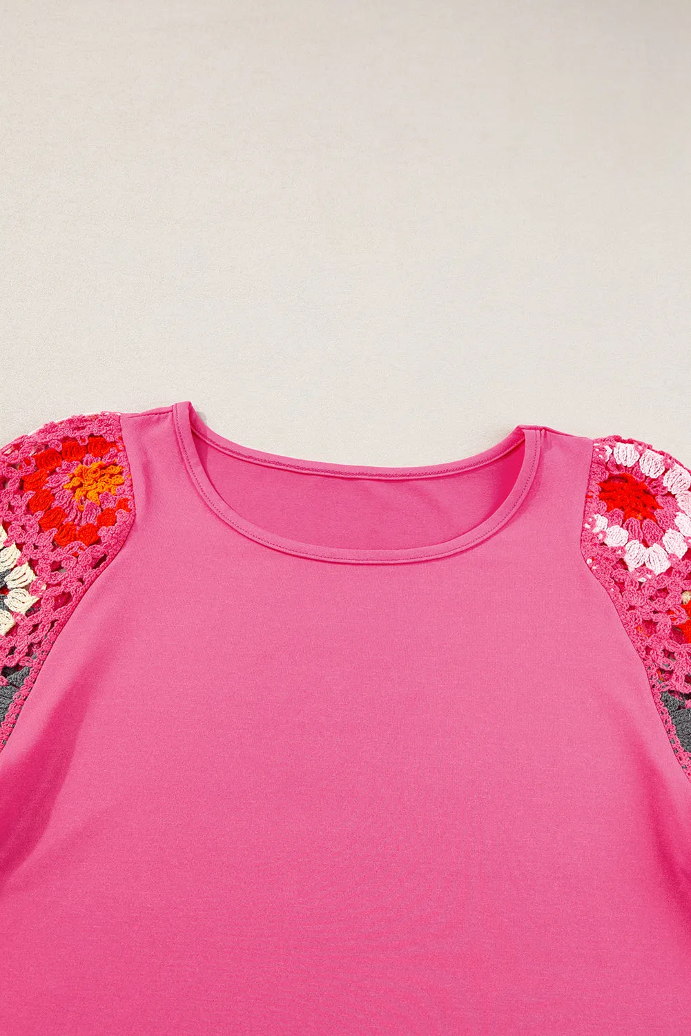 Medium Grey Floral Crochet Short Sleeve Top