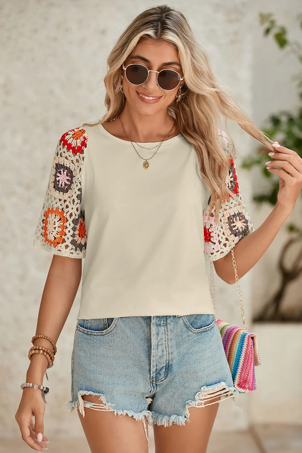 Medium Grey Floral Crochet Short Sleeve Top