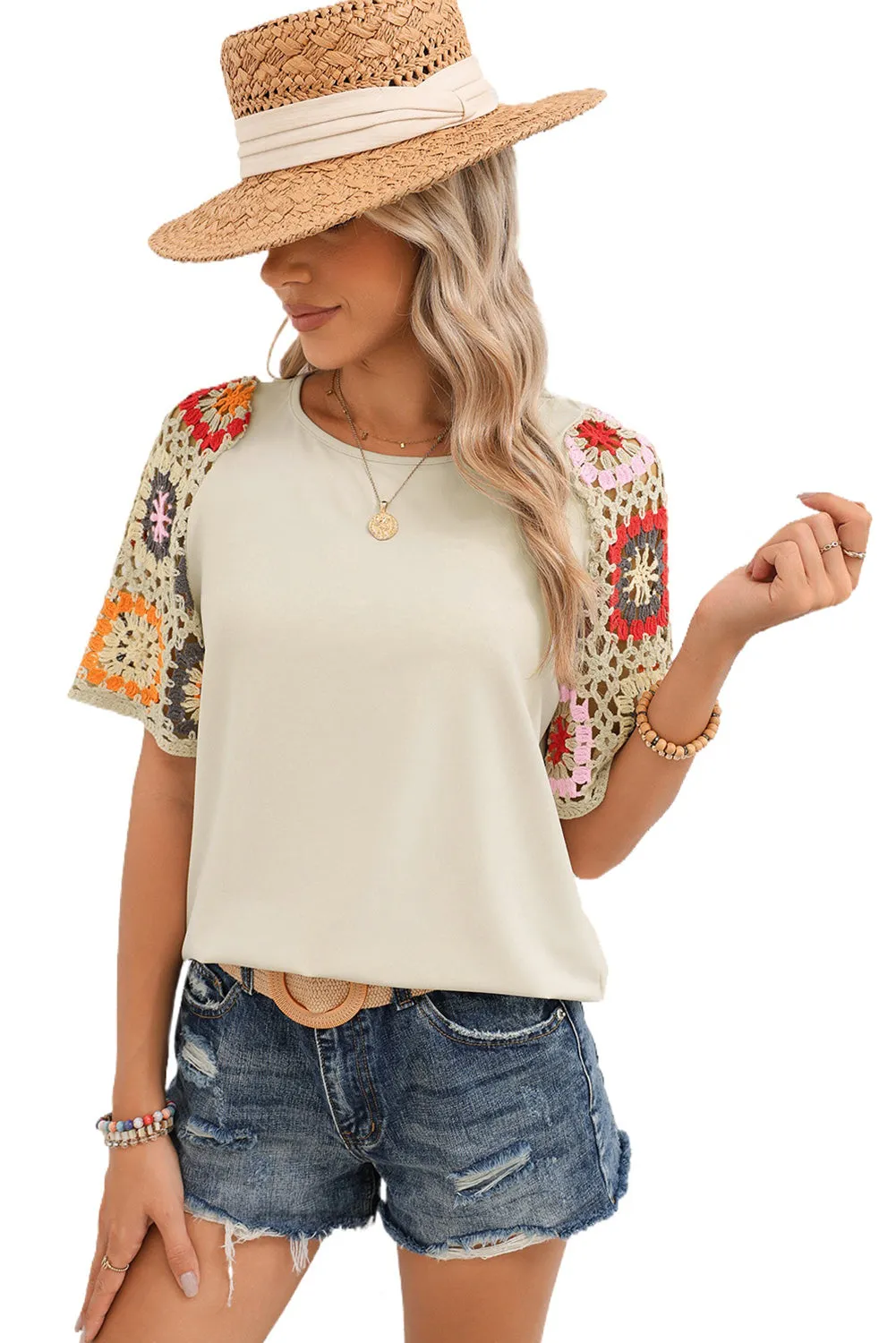 Medium Grey Floral Crochet Short Sleeve Top