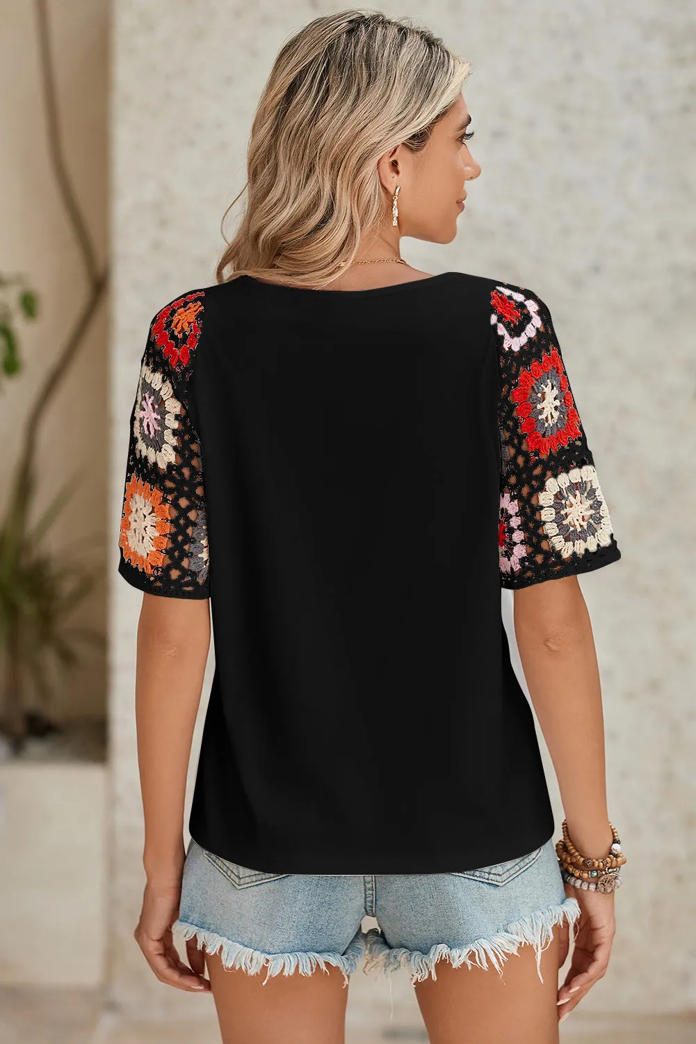 Medium Grey Floral Crochet Short Sleeve Top