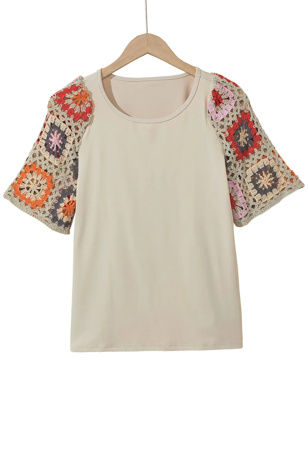 Medium Grey Floral Crochet Short Sleeve Top