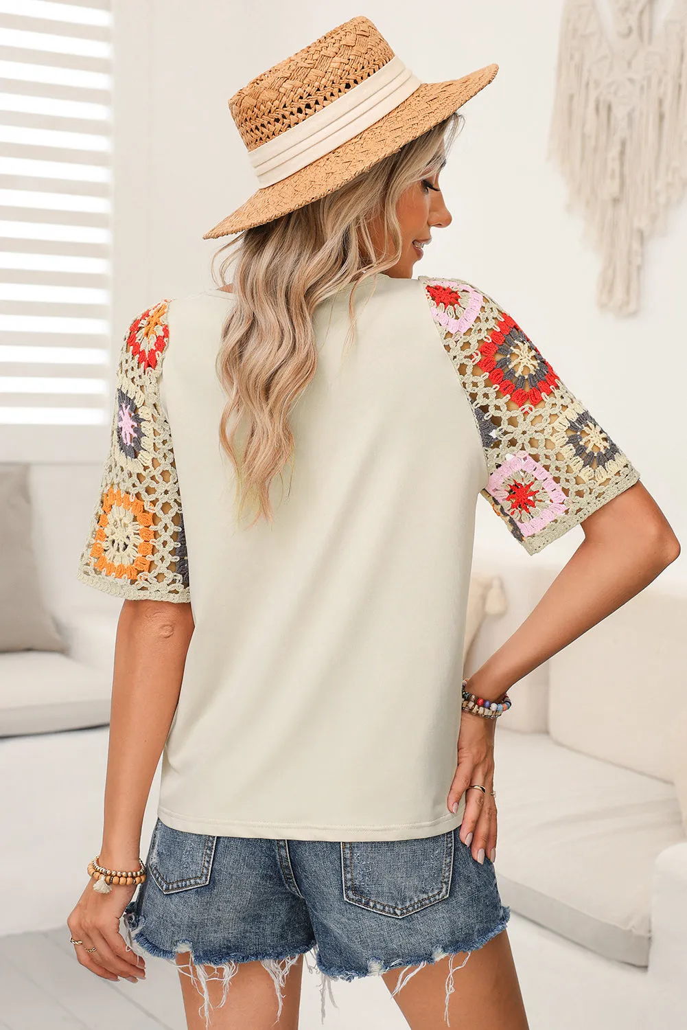 Medium Grey Floral Crochet Short Sleeve Top