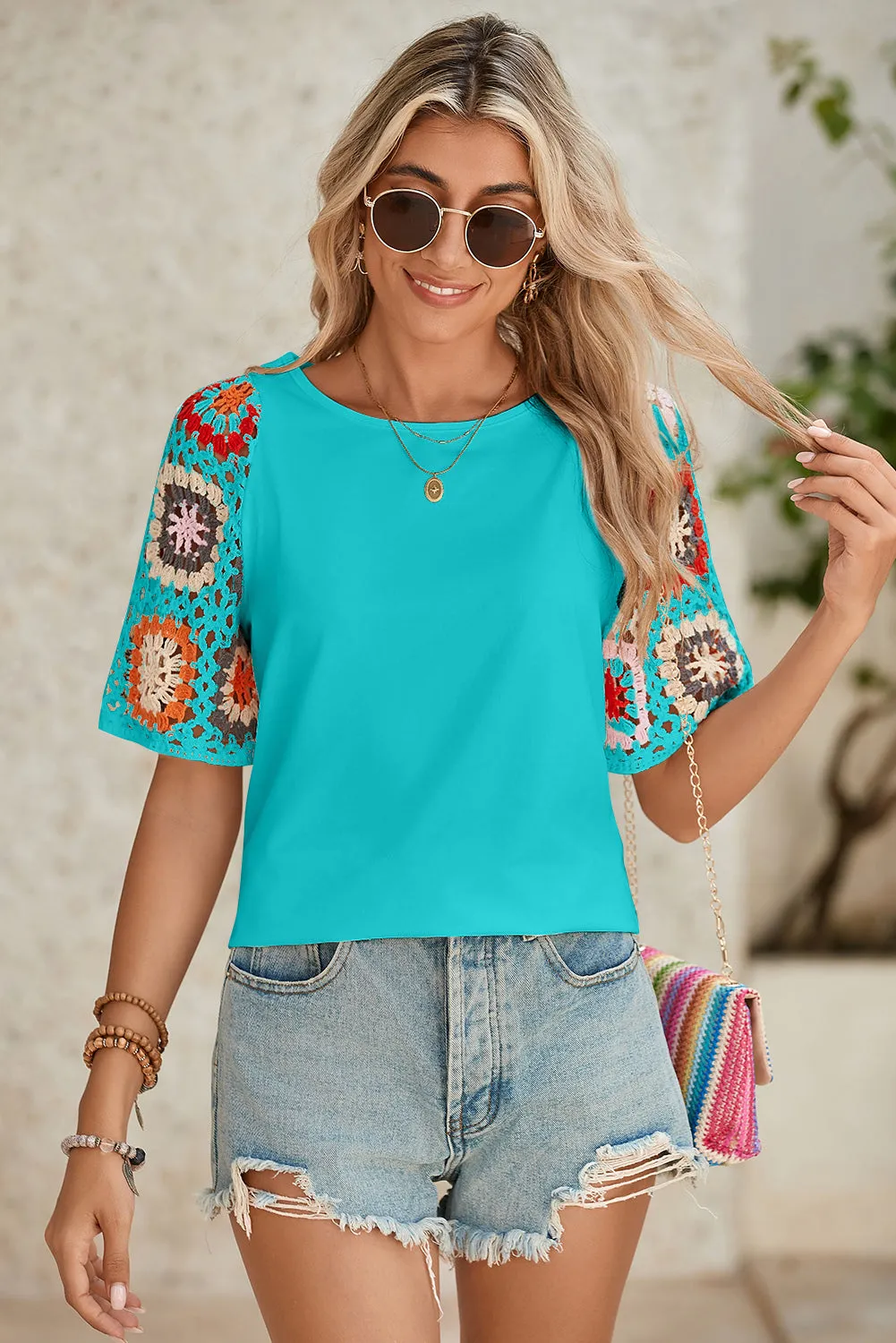 Medium Grey Floral Crochet Short Sleeve Top