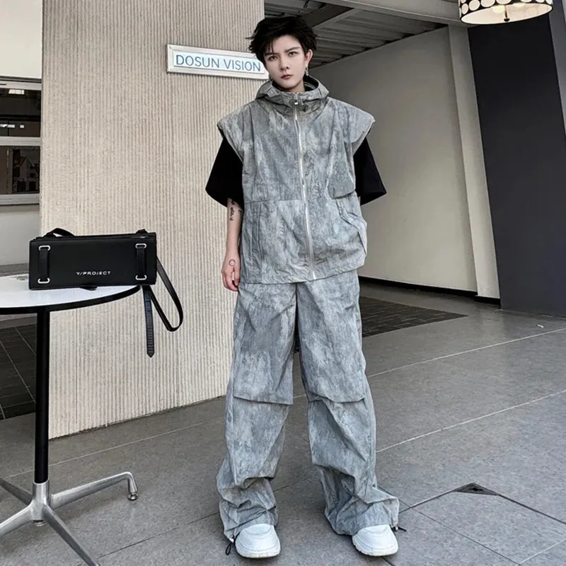 Men's Gray Trendy Baggy Hoodie Vest 2-Piece Set