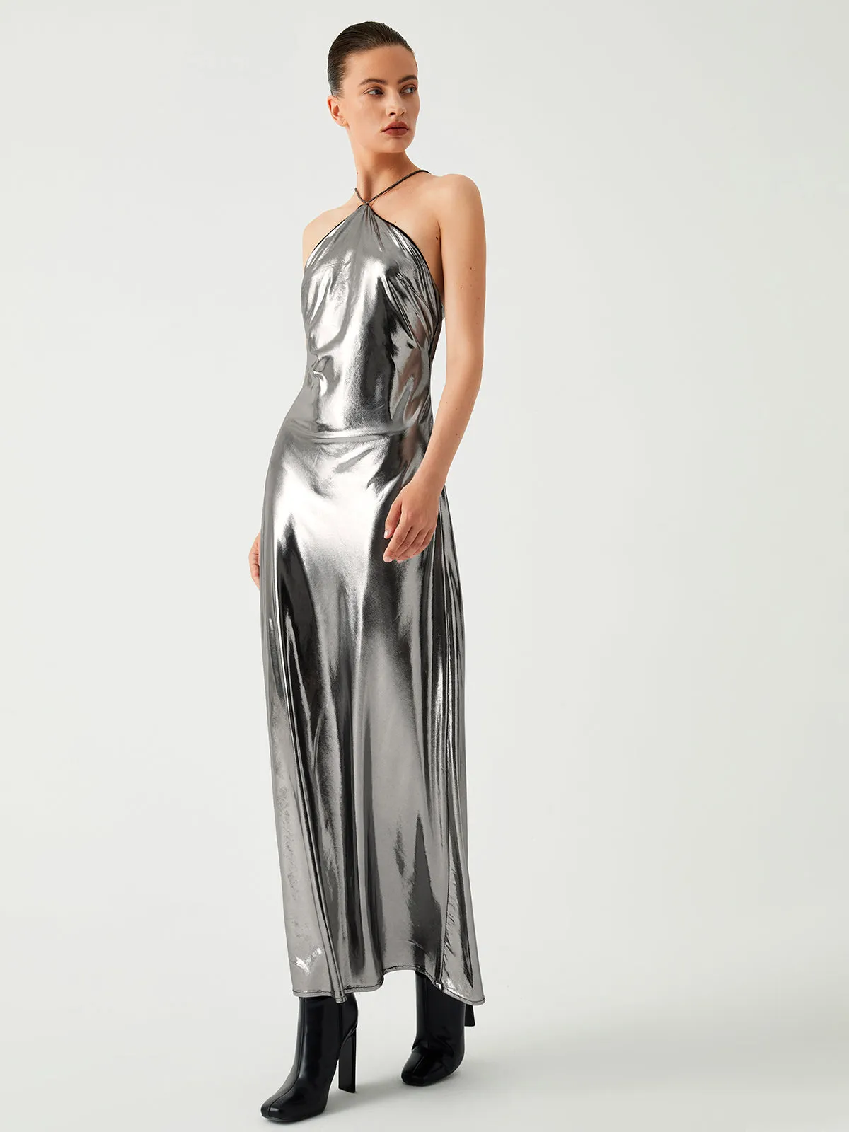 Metallic Leather Graceful Halter Long Dress