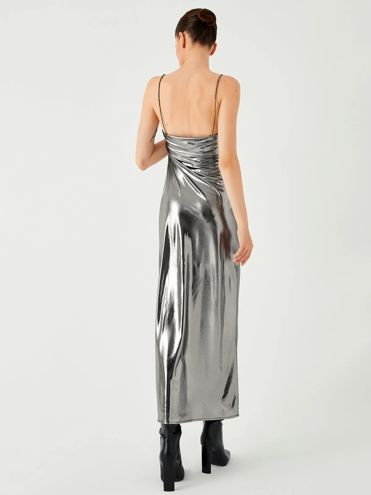 Metallic Leather Graceful Halter Long Dress