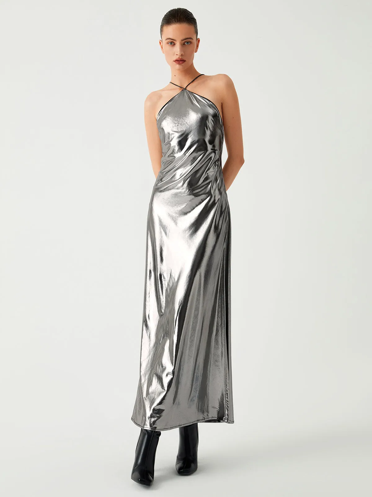Metallic Leather Graceful Halter Long Dress