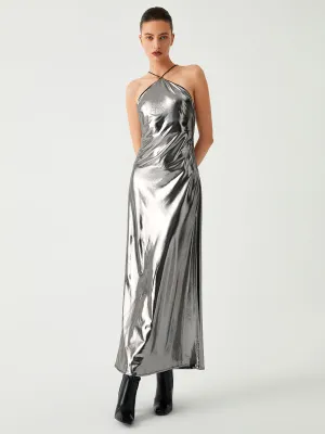 Metallic Leather Graceful Halter Long Dress