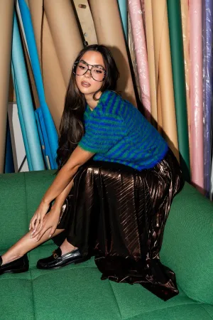 Metallic Pleated Midi Skirt in Mocha Mousse
