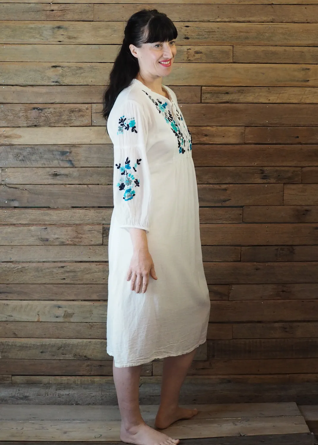 Mexicana Loose Dress White with Blue Floral