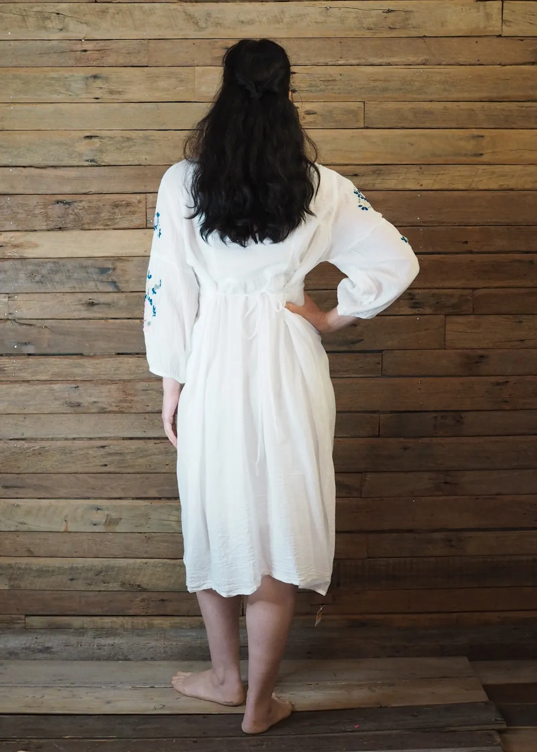 Mexicana Loose Dress White with Blue Floral