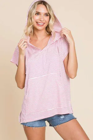 Mina Full Size Striped Short Sleeve Hooded Top