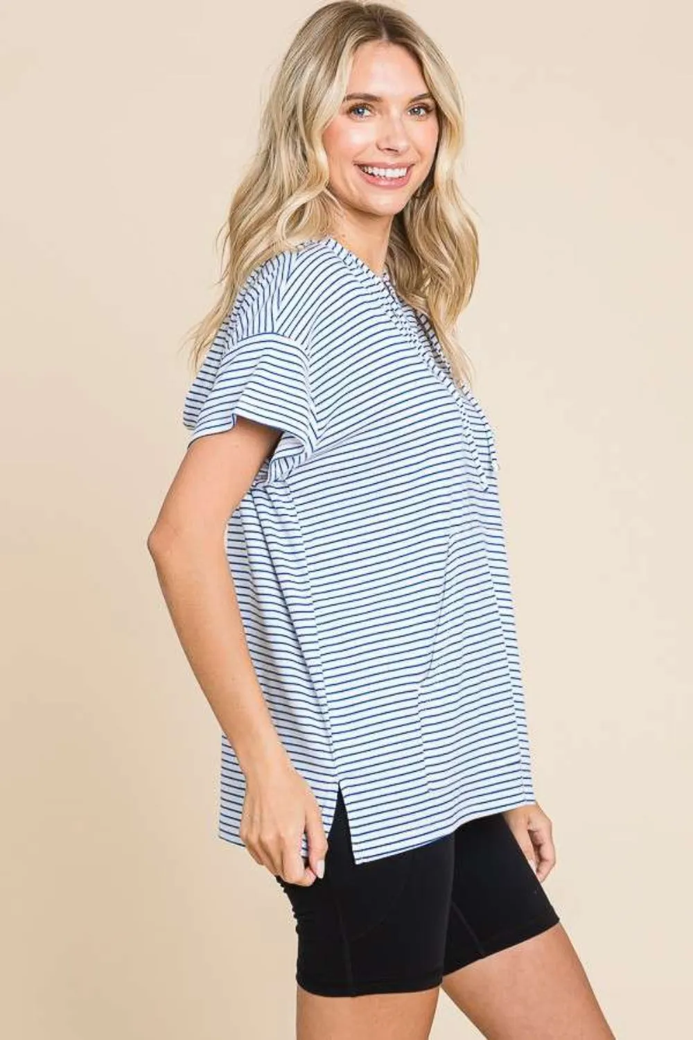 Mina Full Size Striped Short Sleeve Hooded Top