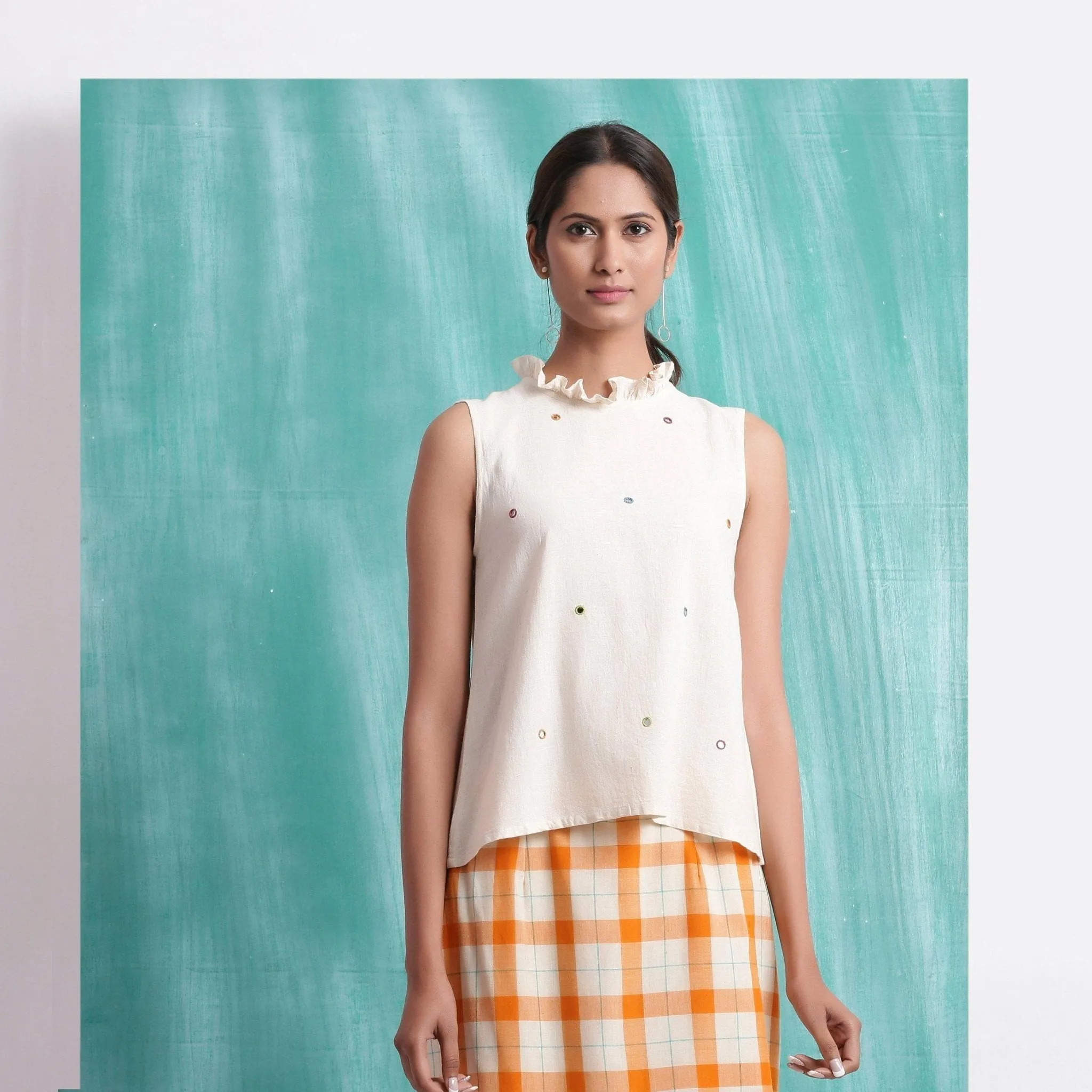 Off-White Mirror Work Handspun Cotton Muslin Sleeveless Top