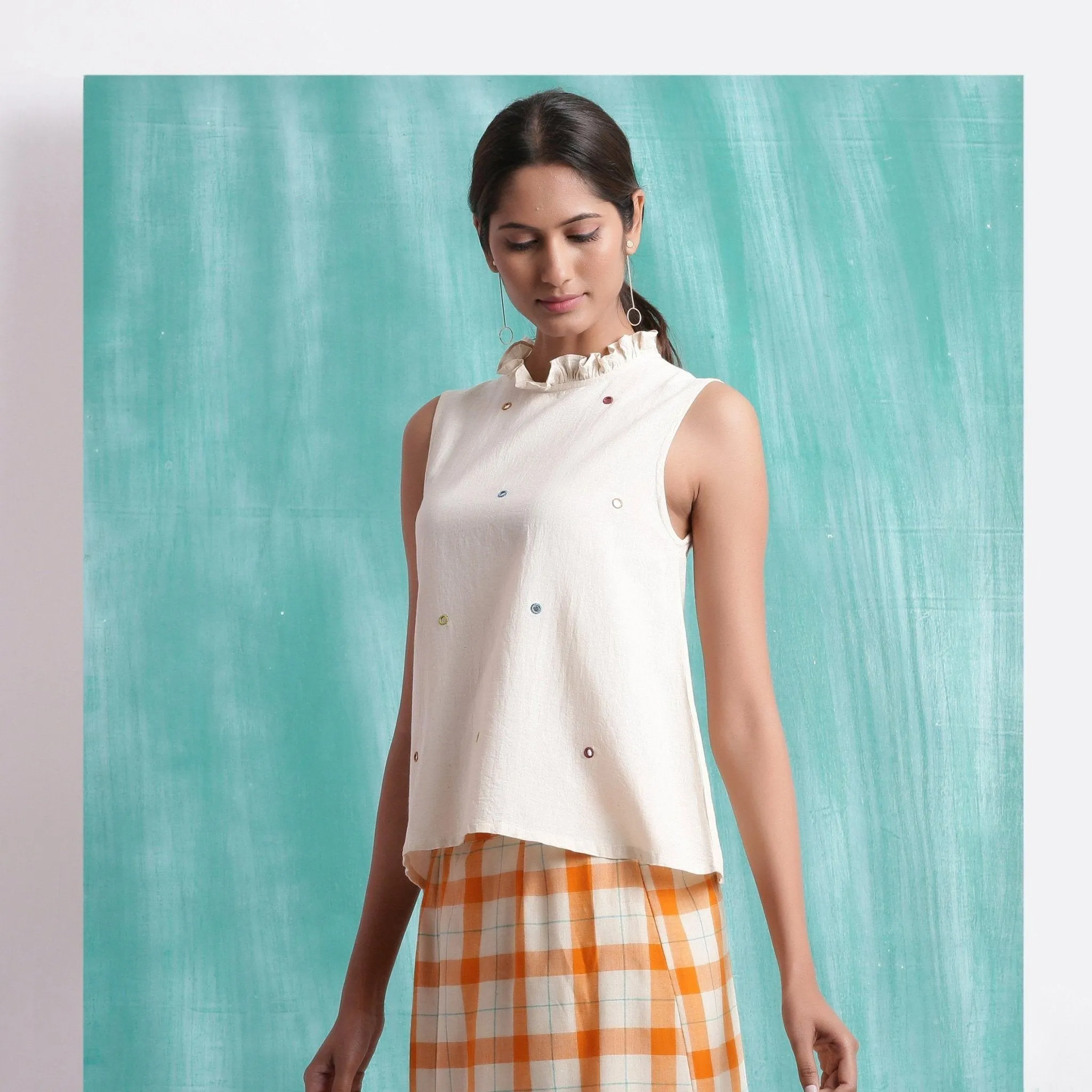 Off-White Mirror Work Handspun Cotton Muslin Sleeveless Top