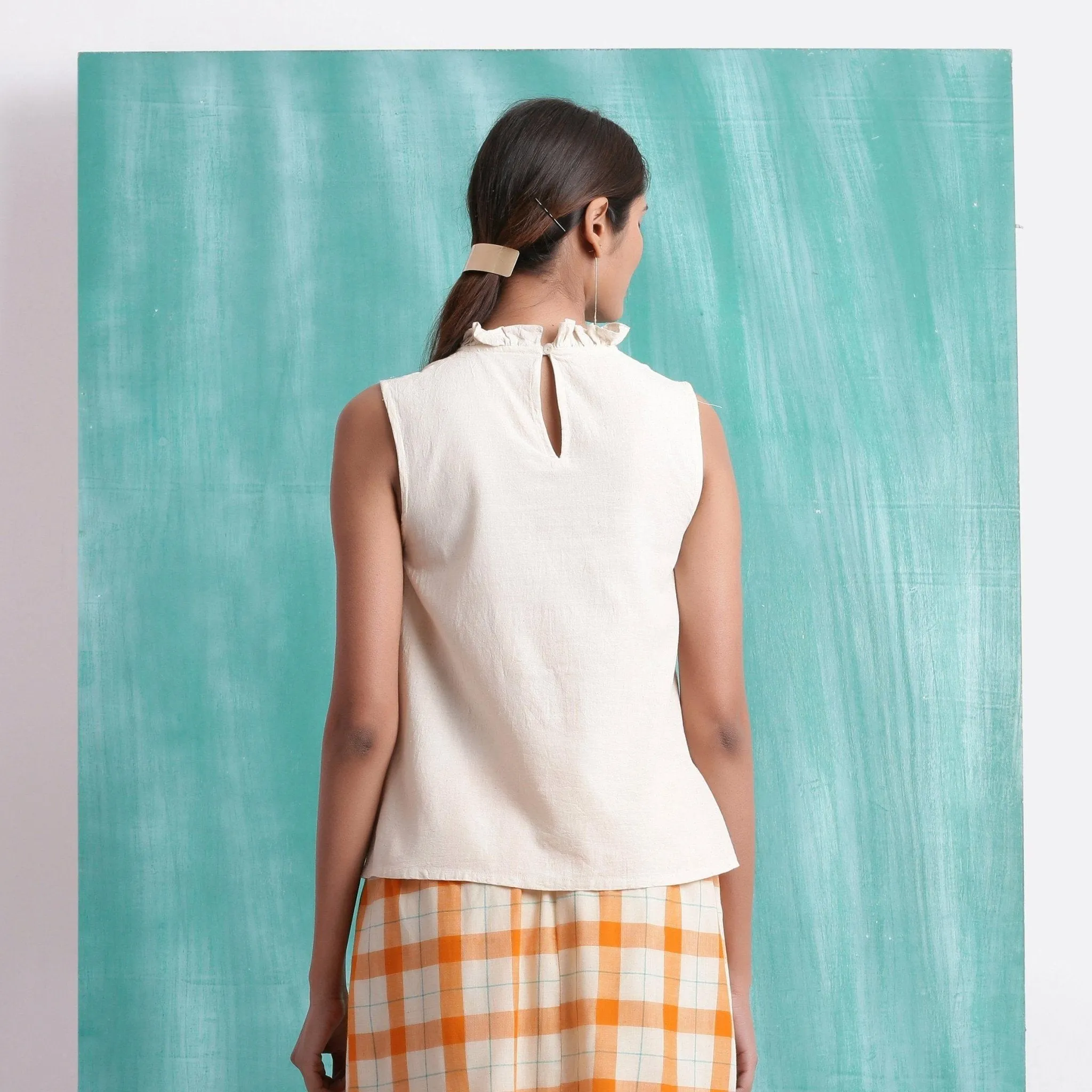 Off-White Mirror Work Handspun Cotton Muslin Sleeveless Top