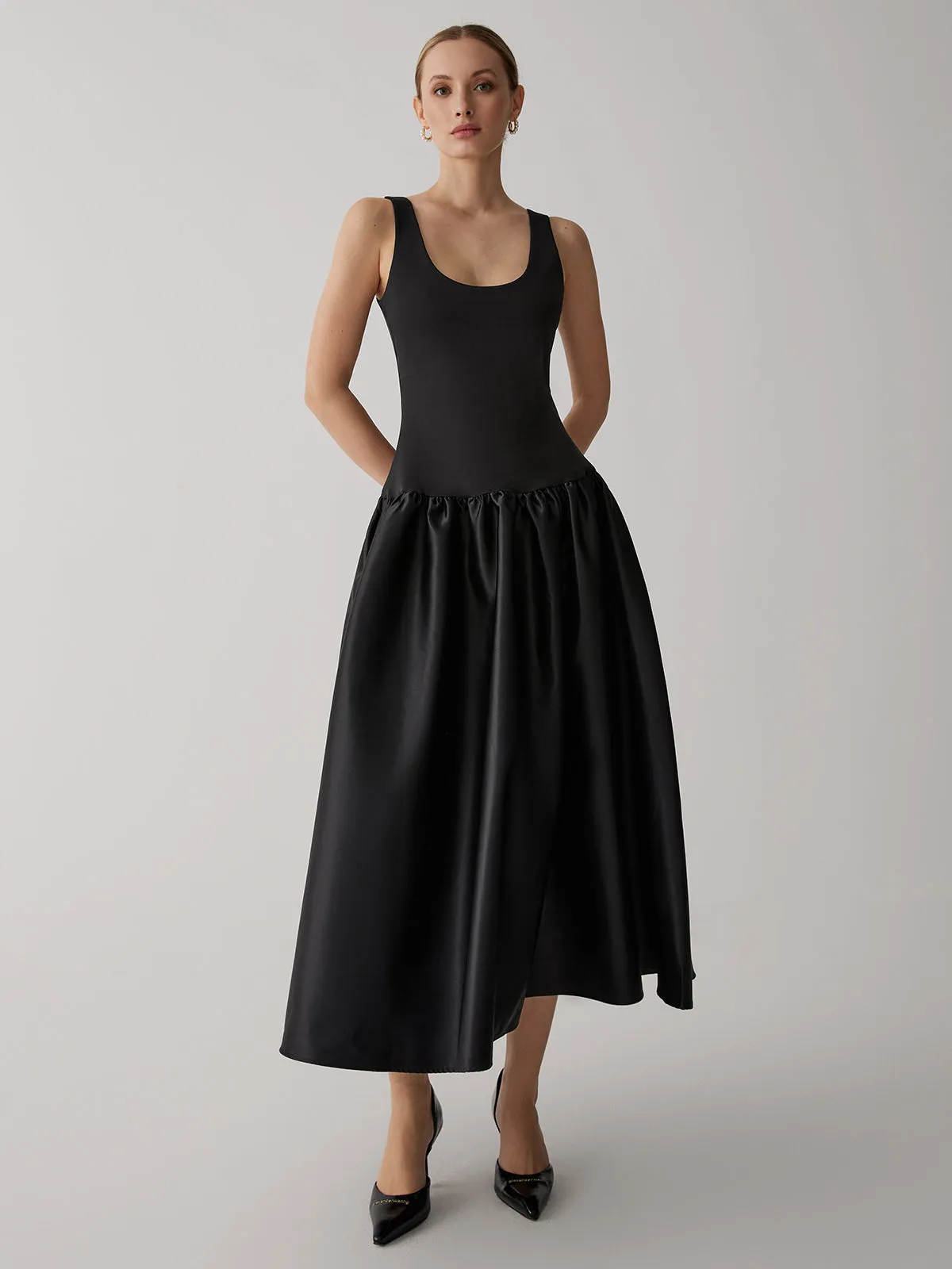 Patchwork Sleeveless Graceful Satin Long Dress