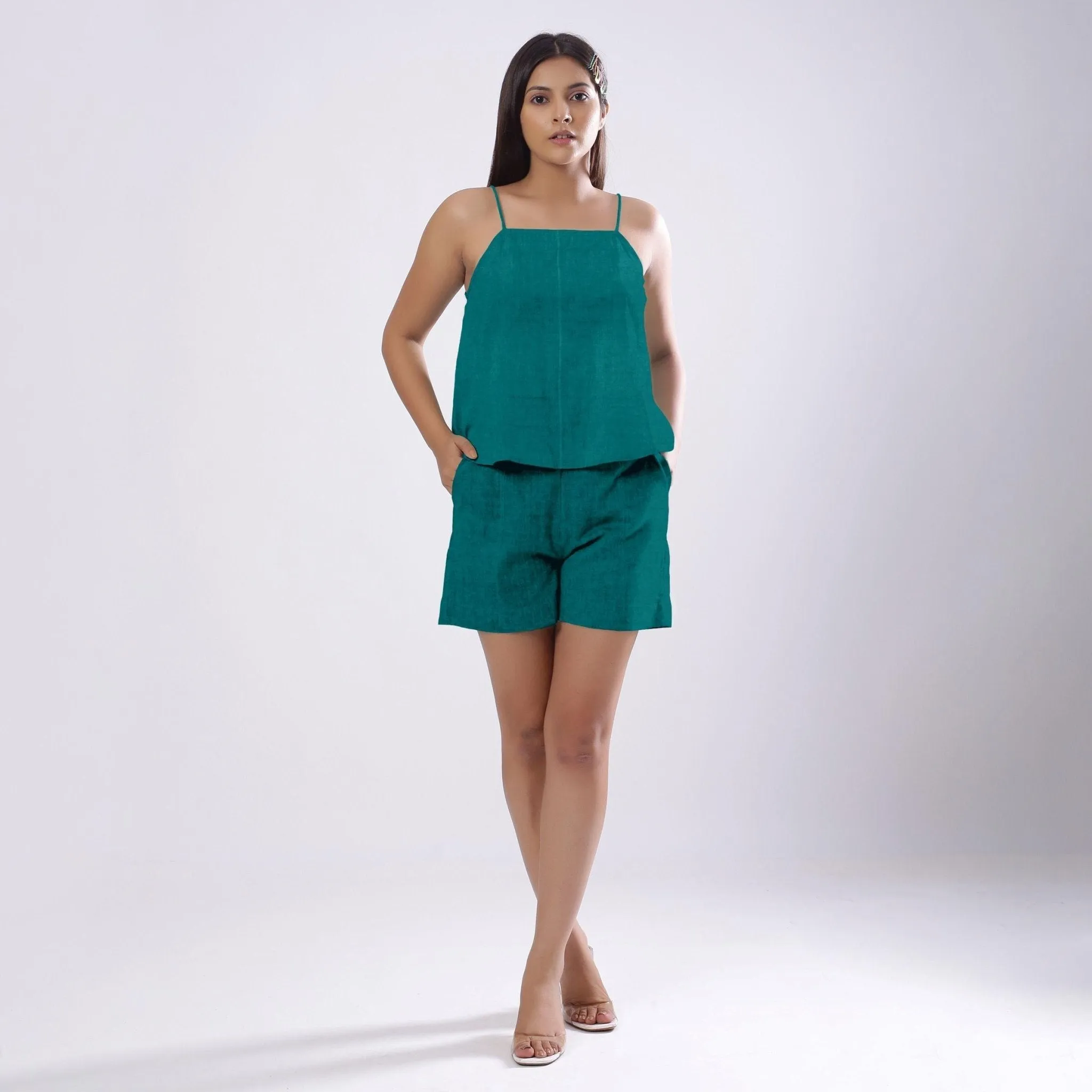 Pine Green 100% Linen Flared Camisole Top