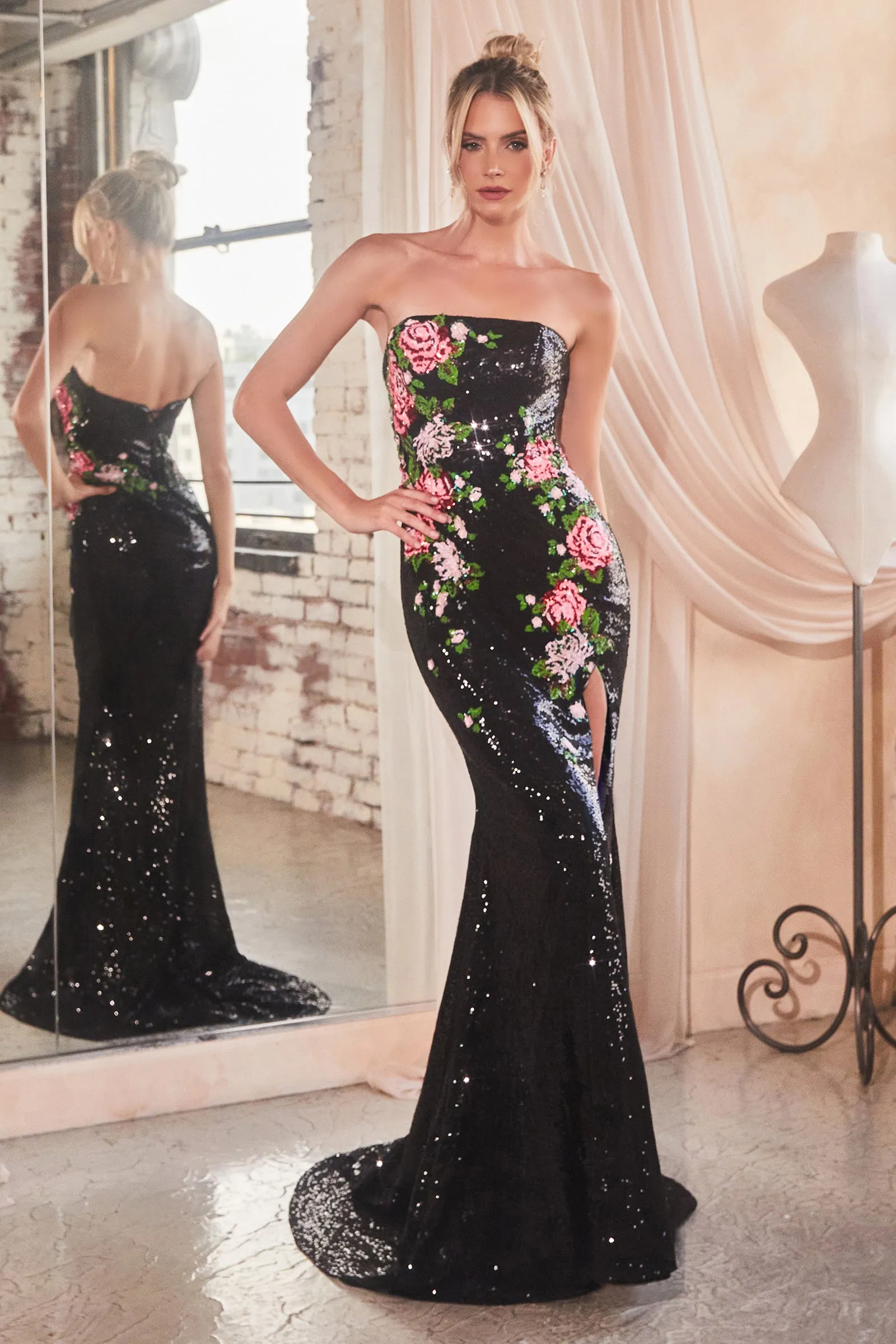 Primrose Gown - Strapless Floral-Patterned Sequin Dress