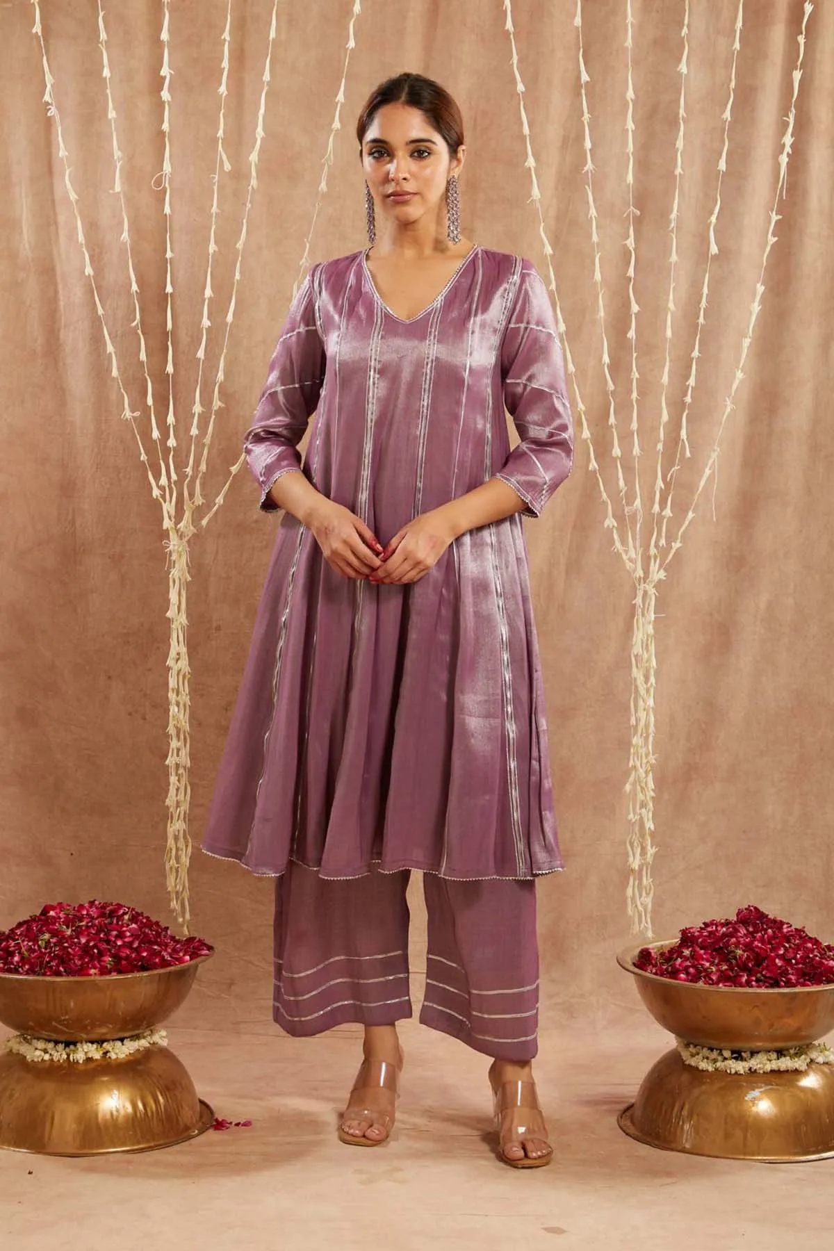 Purple Gota Tissue Flare Kurta Set