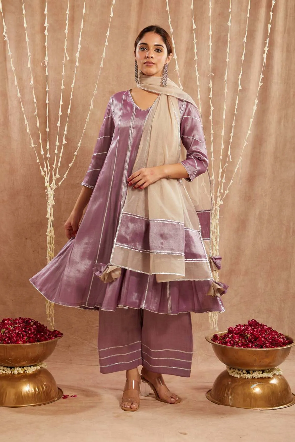 Purple Gota Tissue Flare Kurta Set