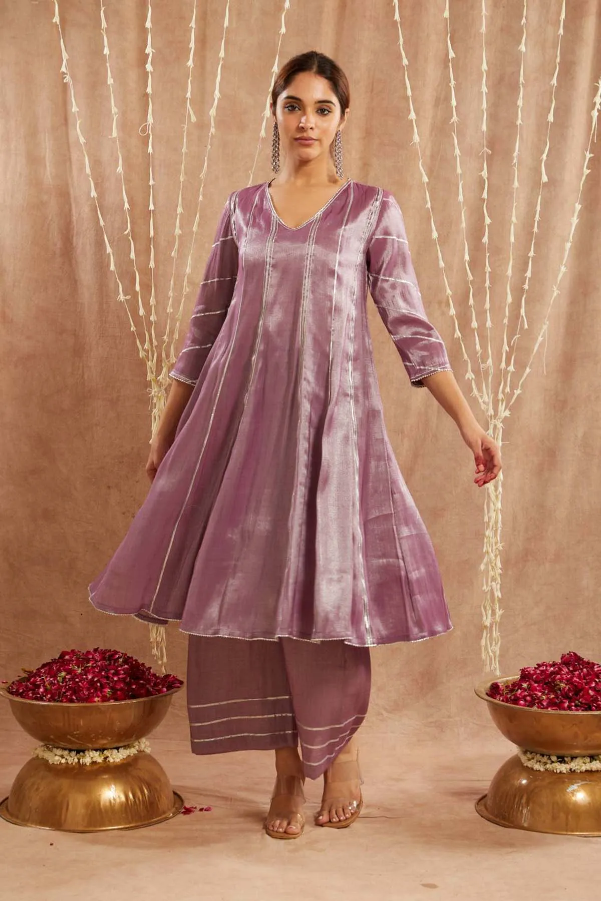 Purple Gota Tissue Flare Kurta Set