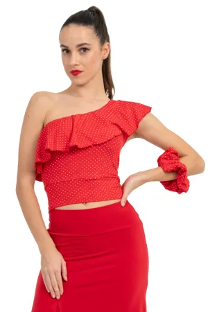 Red Polka Dot One Shoulder Crop Top With Ruffles