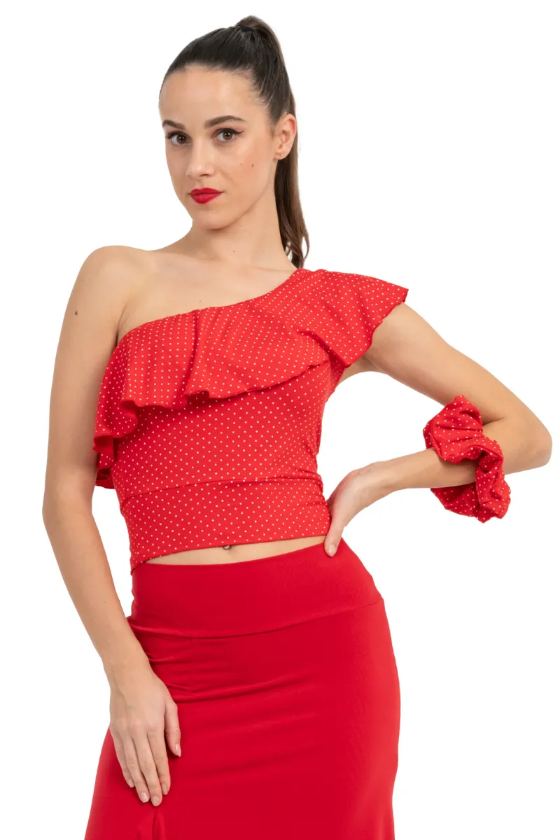 Red Polka Dot One Shoulder Crop Top With Ruffles