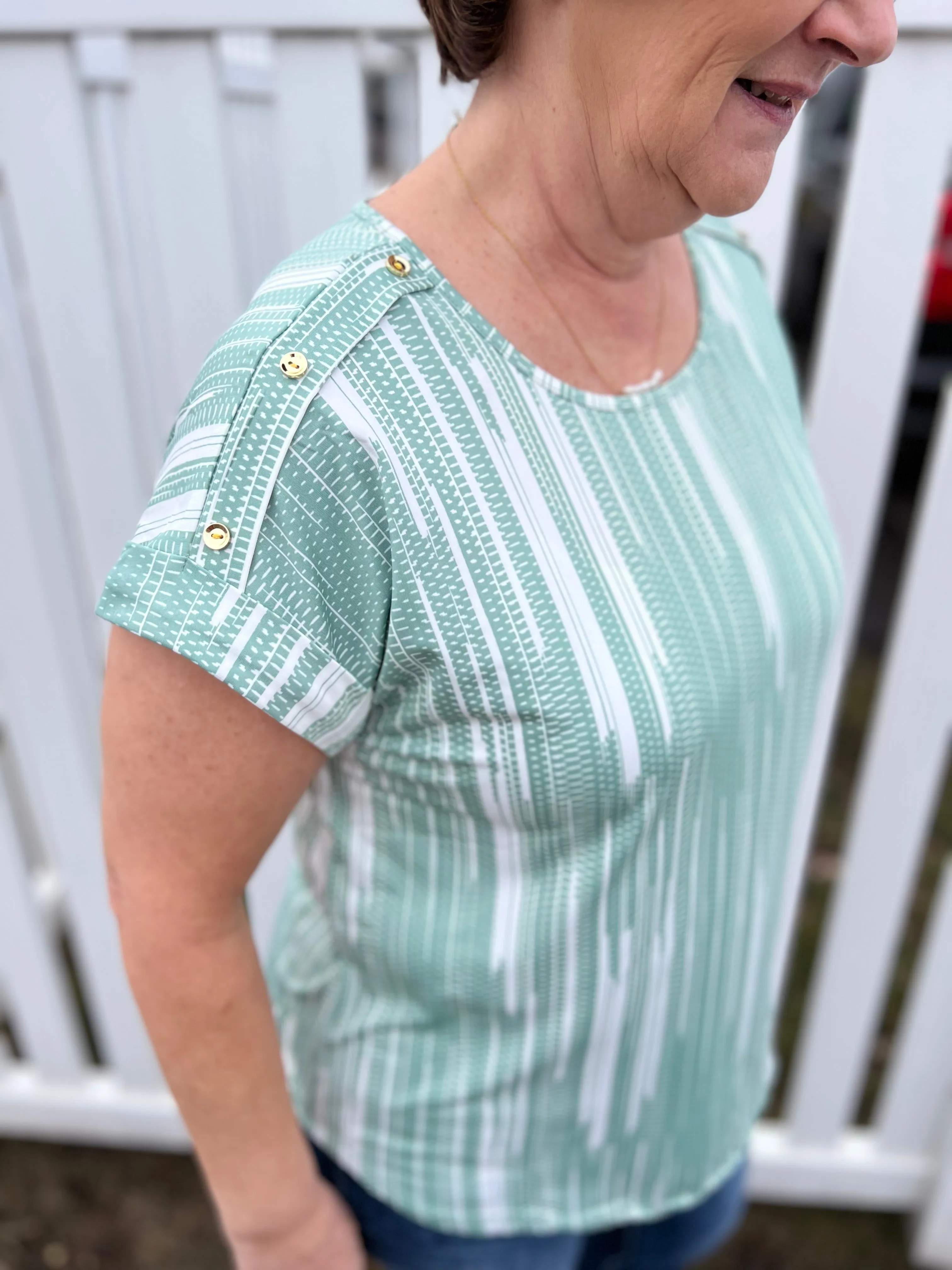 Short Sleeve Dolman Top With Decorative Buttons