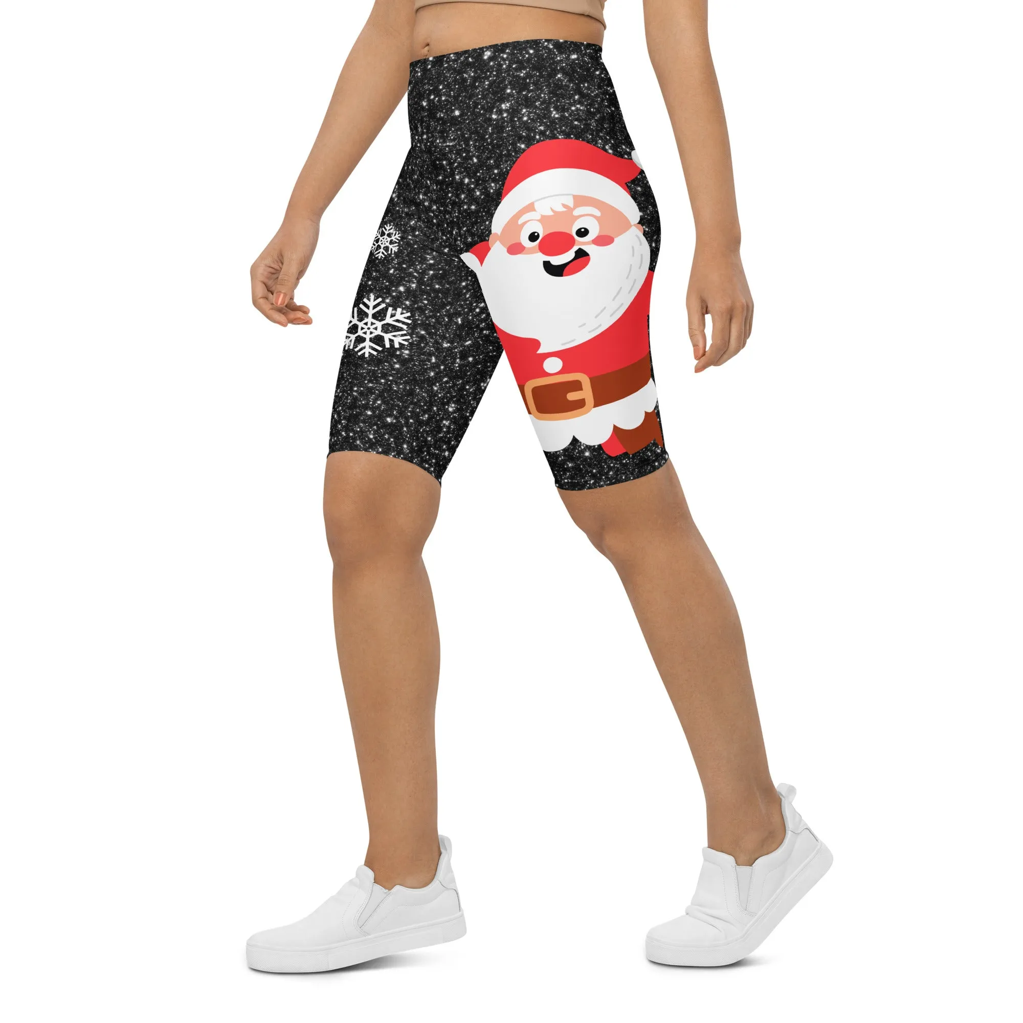 Sparkly Santa Print Biker Shorts