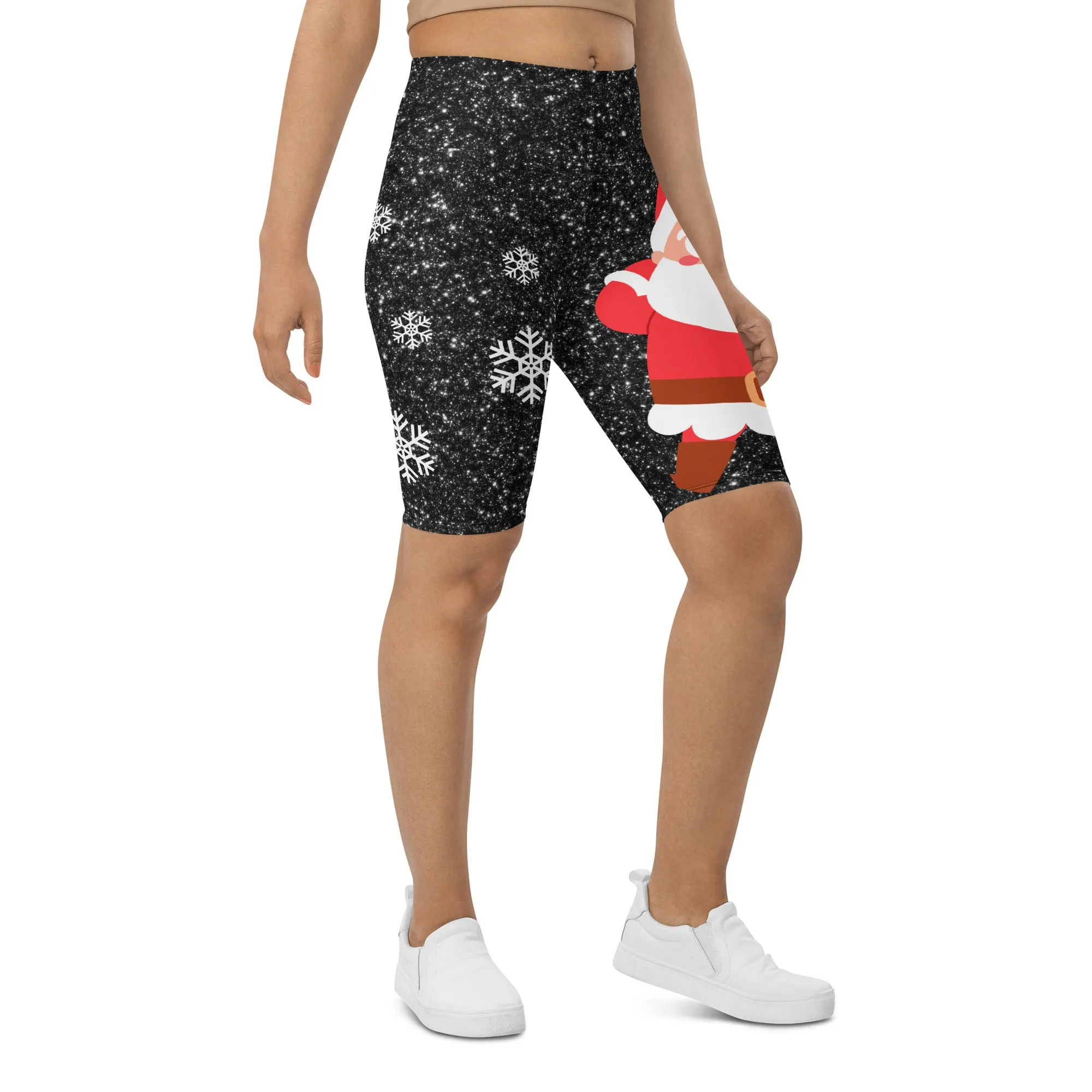 Sparkly Santa Print Biker Shorts
