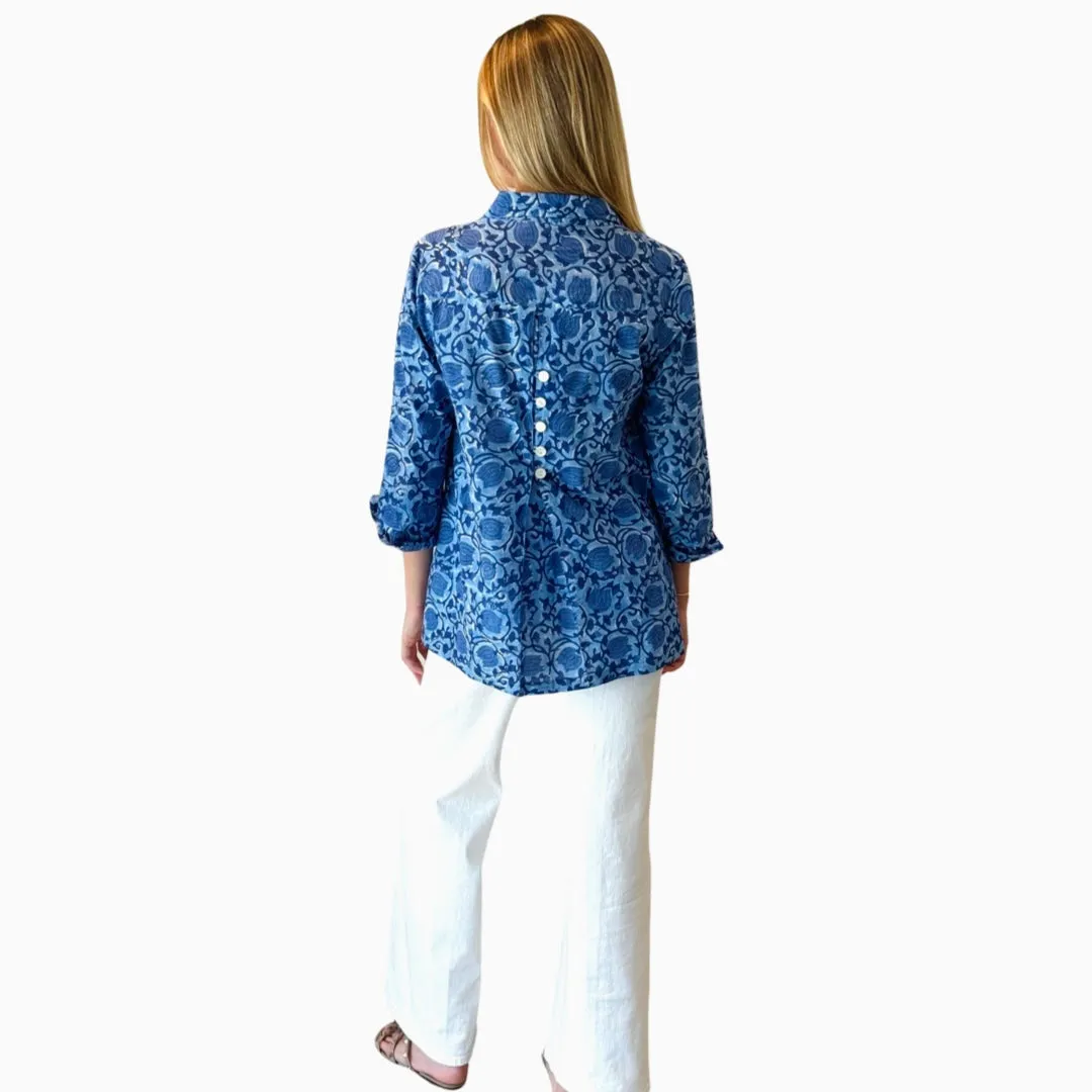 The Mason Button Back Cotton Block Print Top in Periwinkle and Blue
