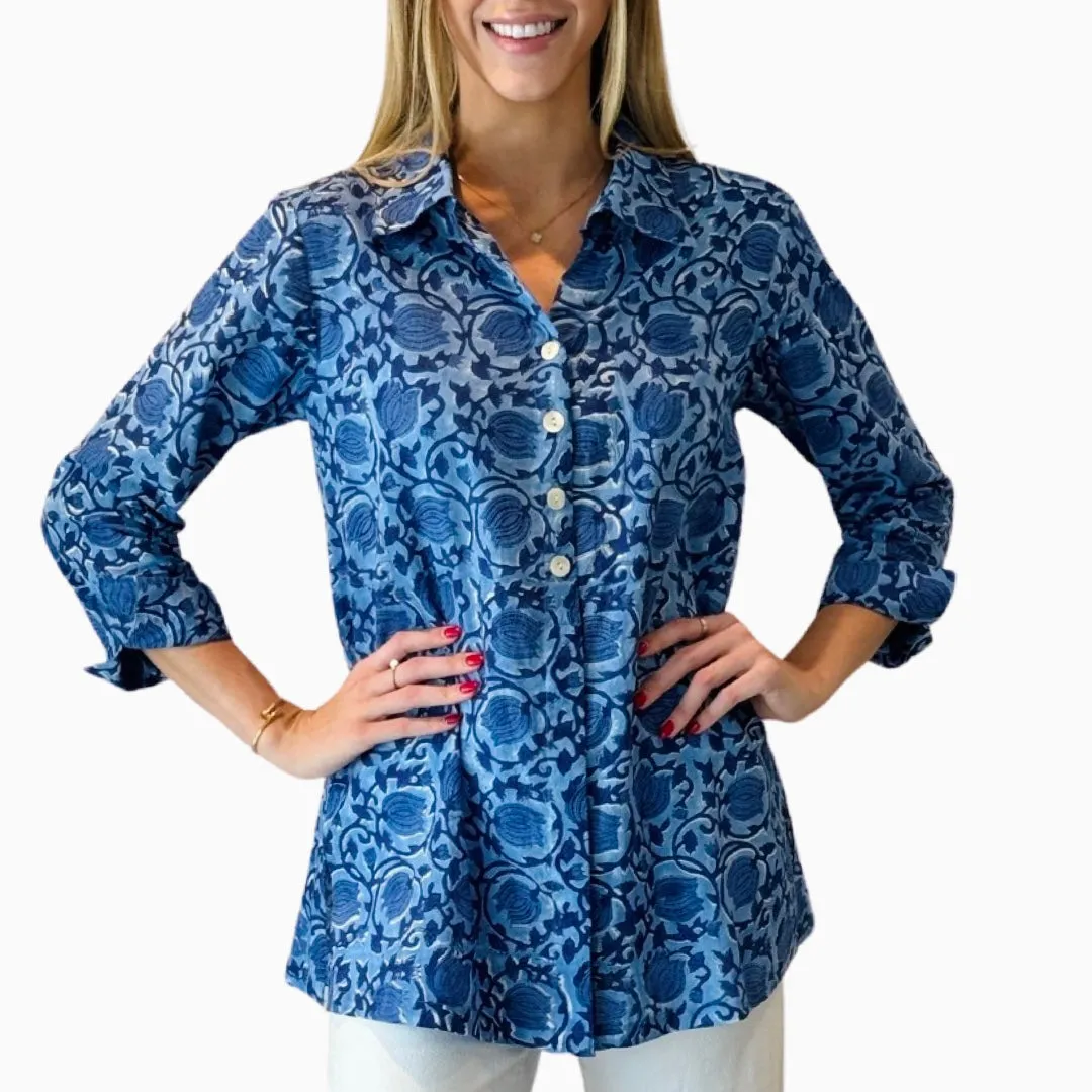 The Mason Button Back Cotton Block Print Top in Periwinkle and Blue