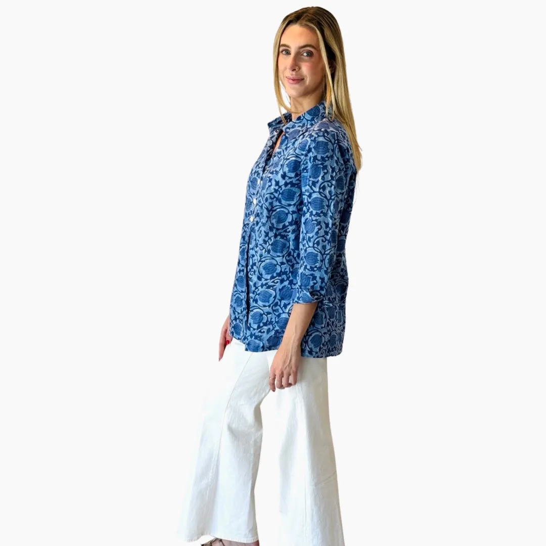 The Mason Button Back Cotton Block Print Top in Periwinkle and Blue