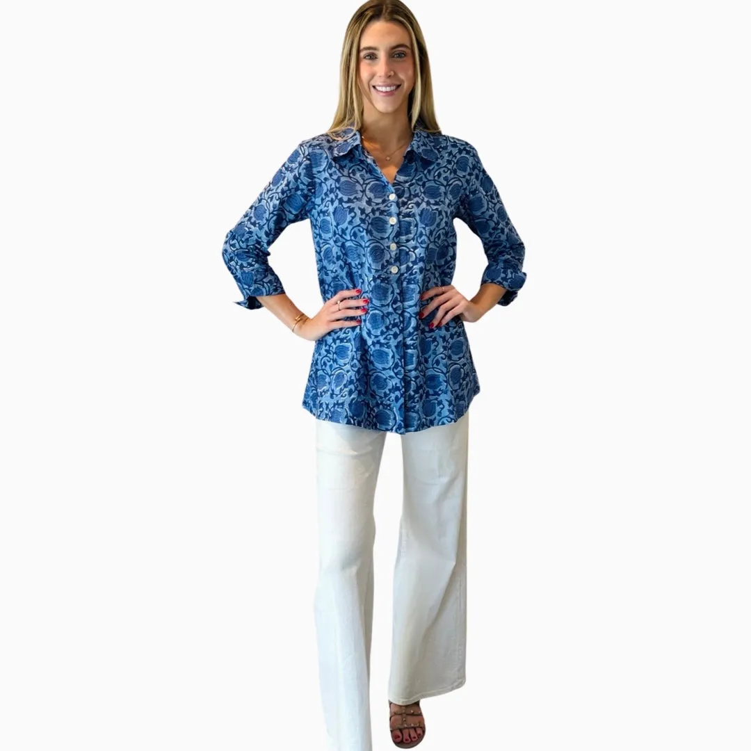 The Mason Button Back Cotton Block Print Top in Periwinkle and Blue