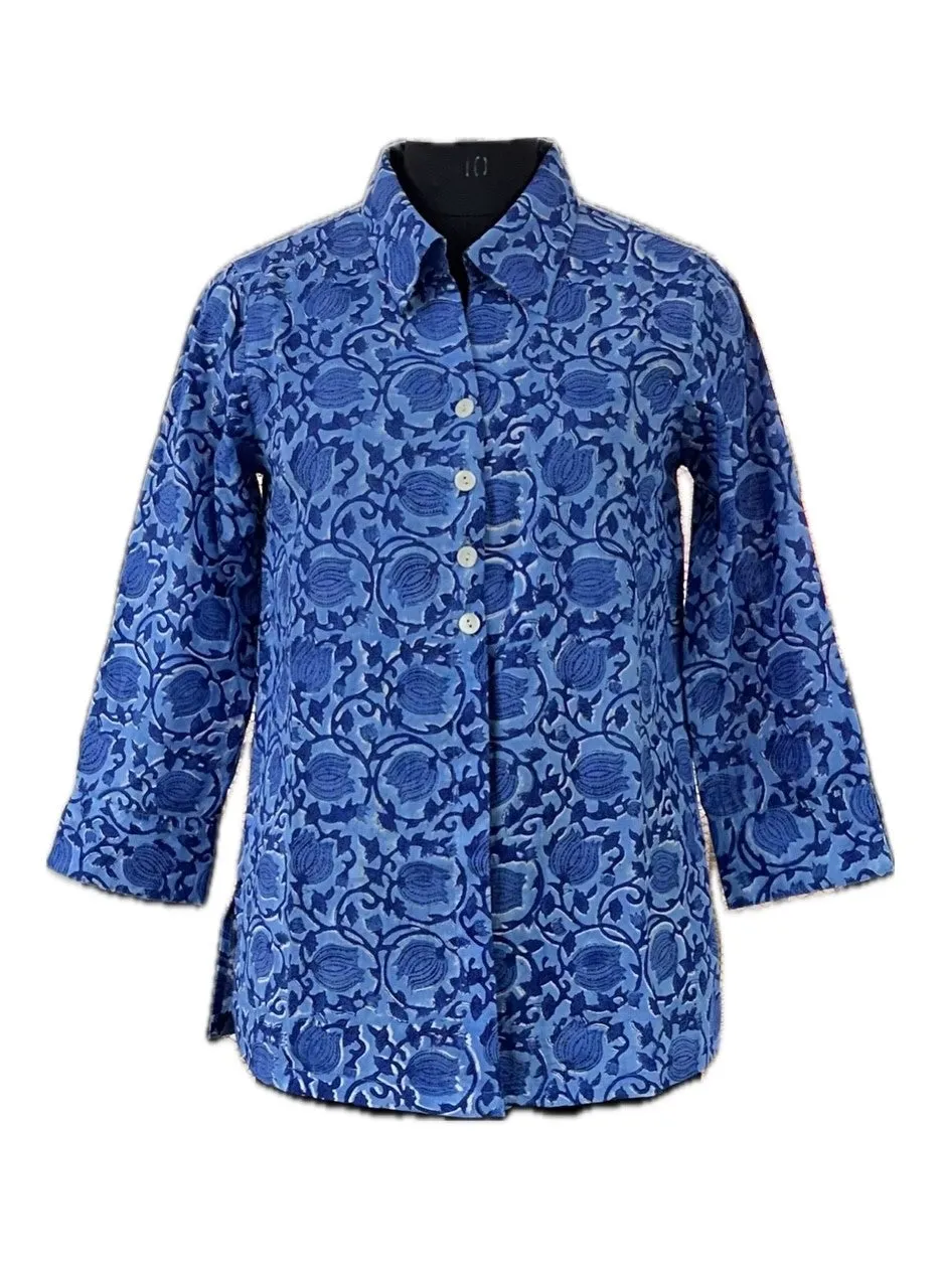 The Mason Button Back Cotton Block Print Top in Periwinkle and Blue