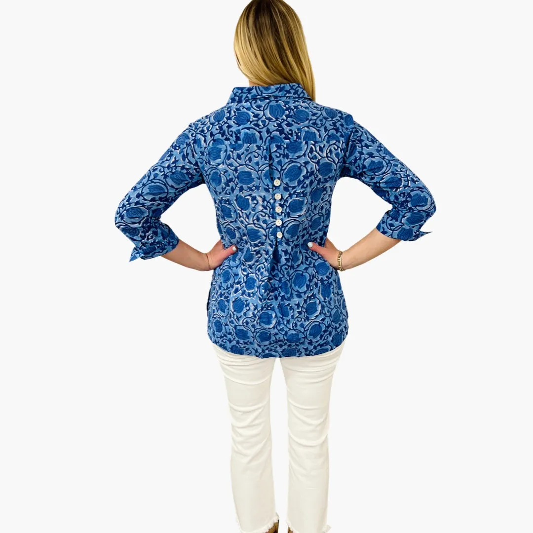 The Mason Button Back Cotton Block Print Top in Periwinkle and Blue