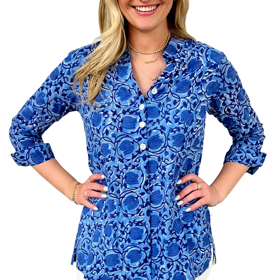 The Mason Button Back Cotton Block Print Top in Periwinkle and Blue