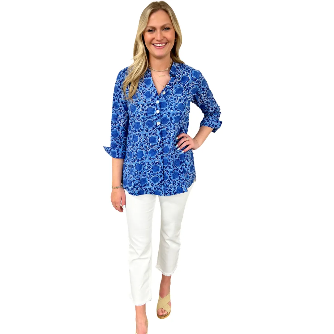The Mason Button Back Cotton Block Print Top in Periwinkle and Blue