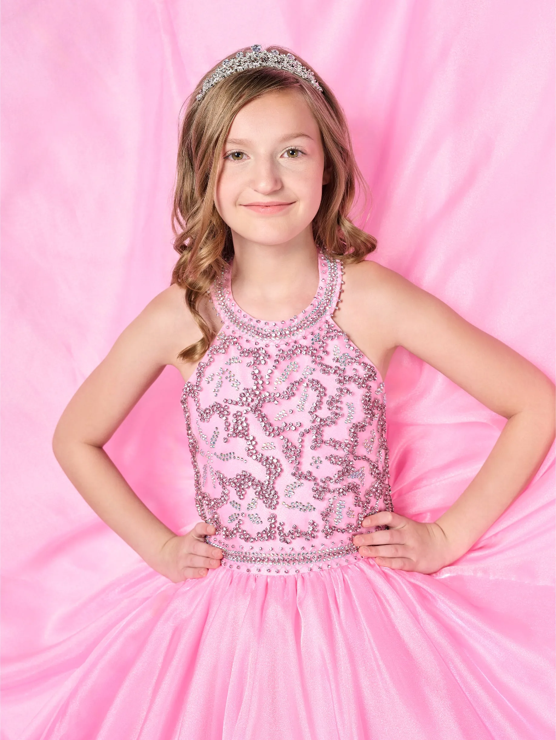 Tiffany Princess 13786 Size 6 Pink Girls Pageant Dress Crystal Bodice Ballgown A Line High Neck Formal