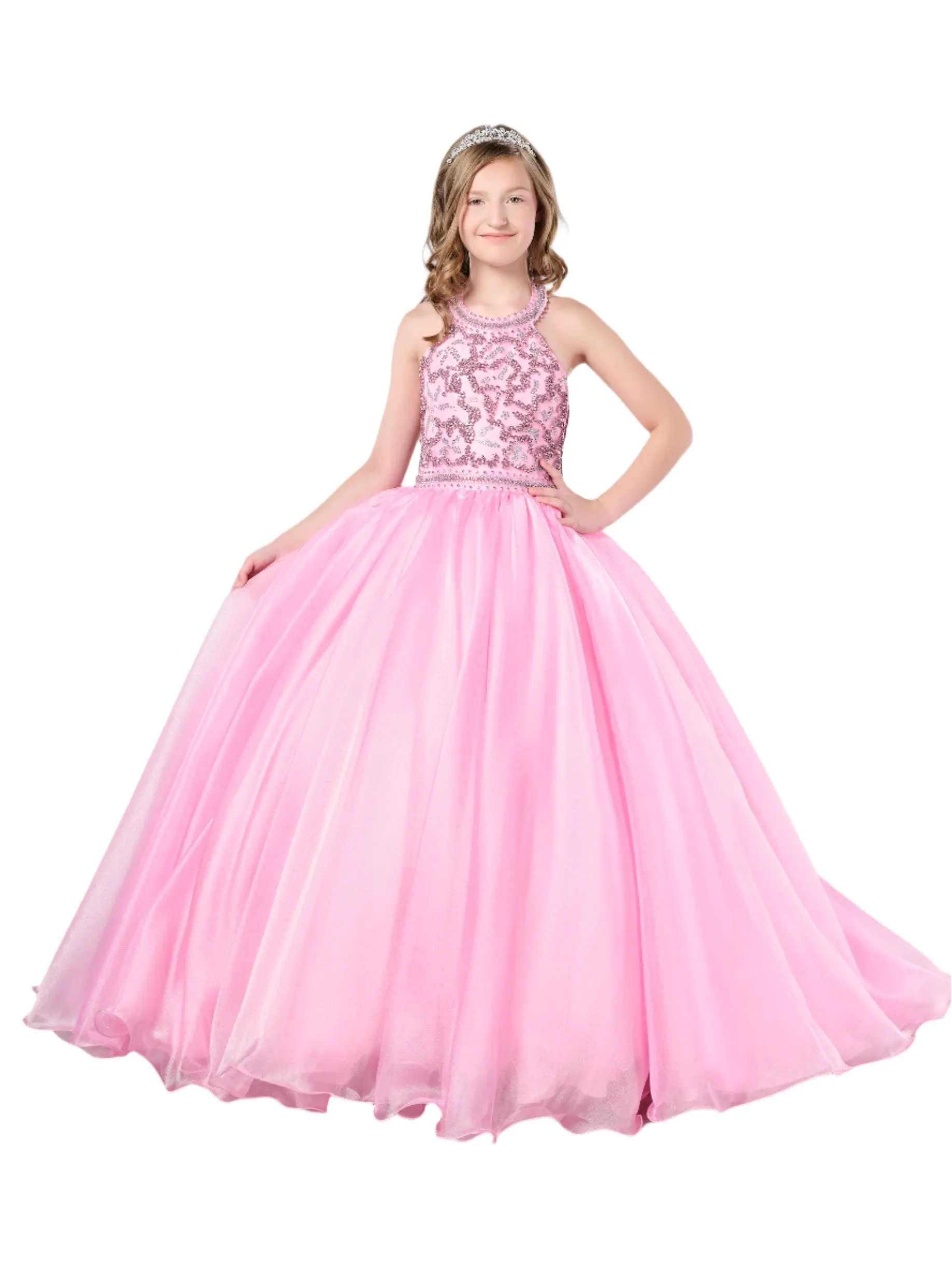 Tiffany Princess 13786 Size 6 Pink Girls Pageant Dress Crystal Bodice Ballgown A Line High Neck Formal