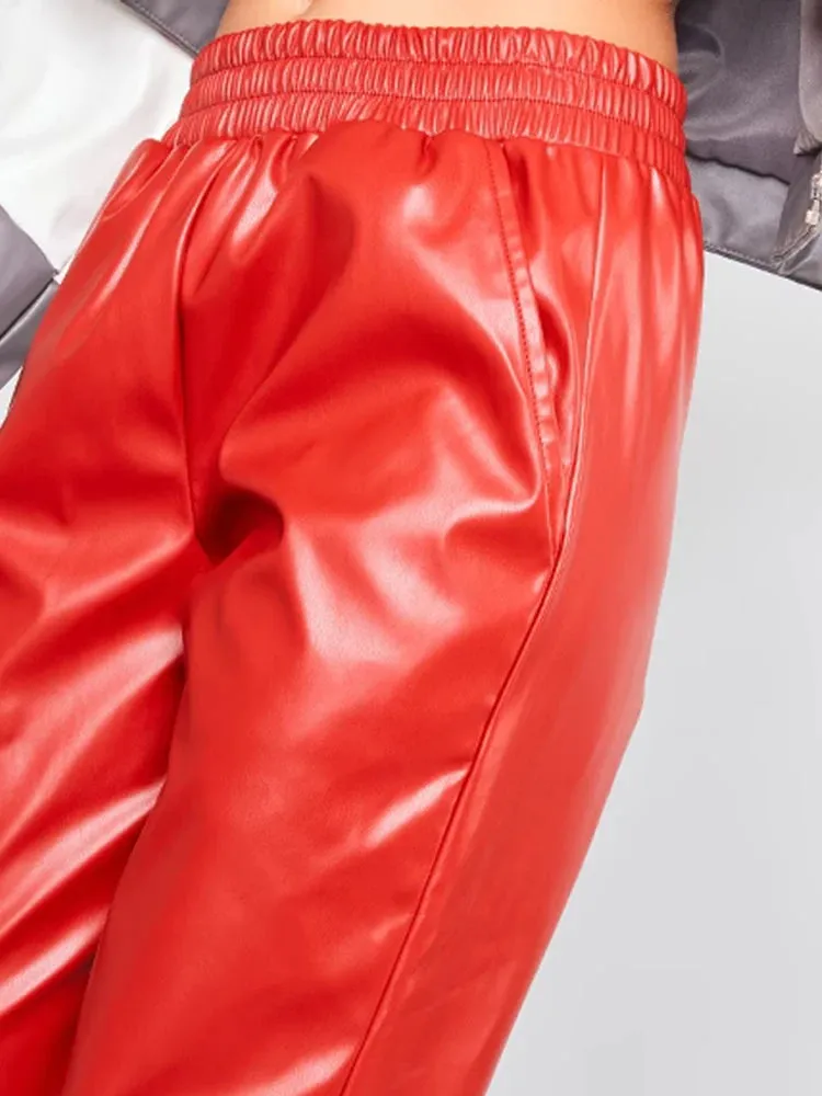 Trend4us Women's Red Faux Leather Split-Hem Pants