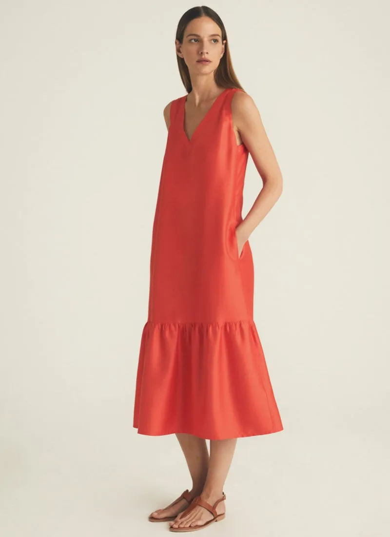 V-Neck Sleeveless Midi Dress with Flounce Hem