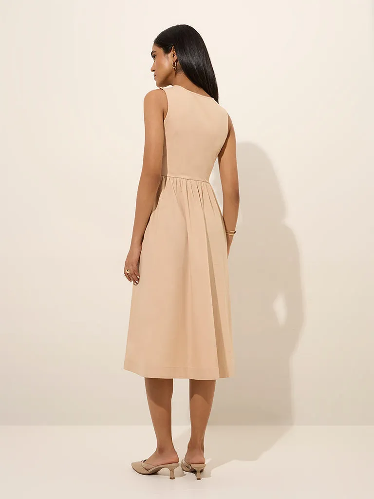 Wardrobe Light Beige Solid A-Line Cotton Dress