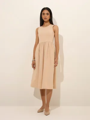 Wardrobe Light Beige Solid A-Line Cotton Dress
