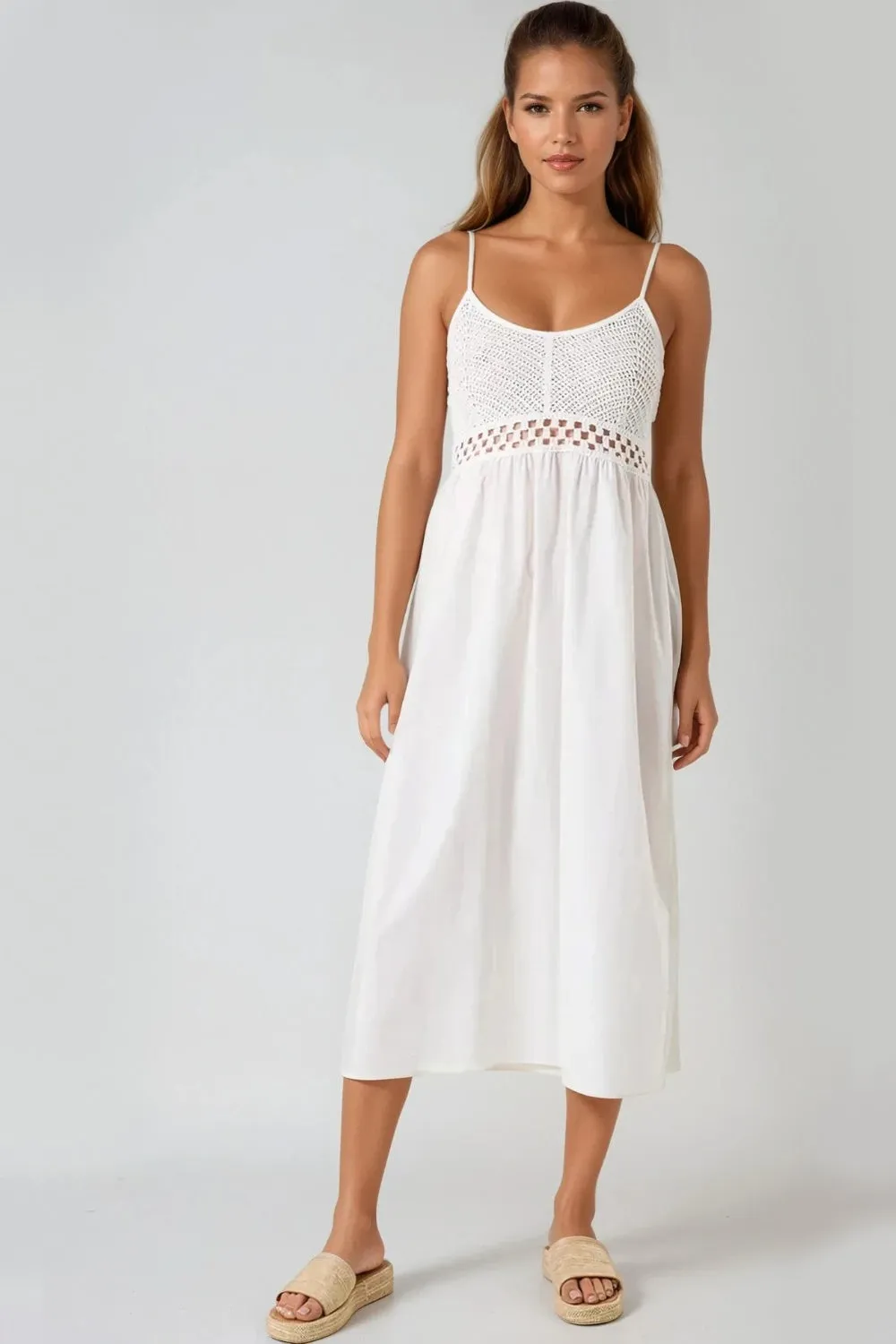 White Crochet Cami Midi Dress