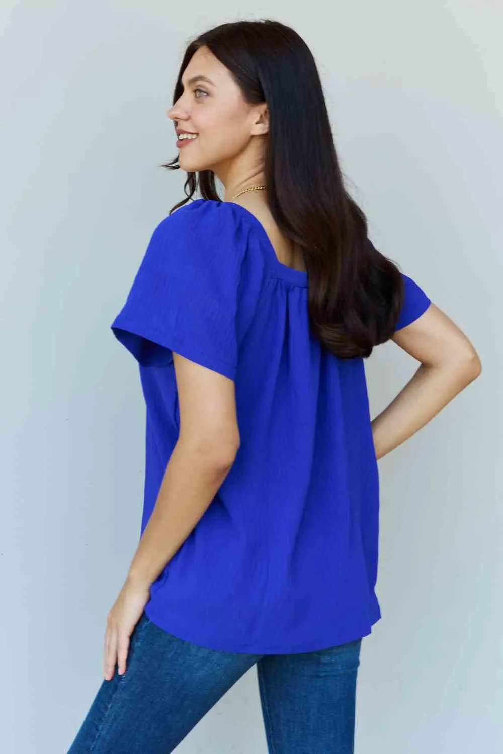 Women's Ninexis Keep Me Close Square Neck Short Sleeve Blouse in Royal