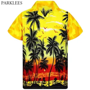 Yellow Hawaiian Beach Shirt Men 2020 Summer Fashion Palm Tree Printed Mens Tropical Aloha Shirts Holiday Vacation Chemise Homme