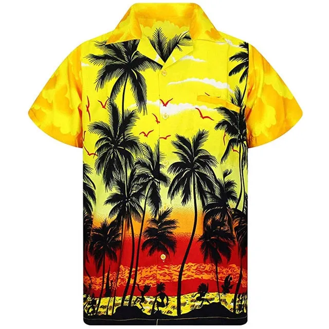 Yellow Hawaiian Beach Shirt Men 2020 Summer Fashion Palm Tree Printed Mens Tropical Aloha Shirts Holiday Vacation Chemise Homme