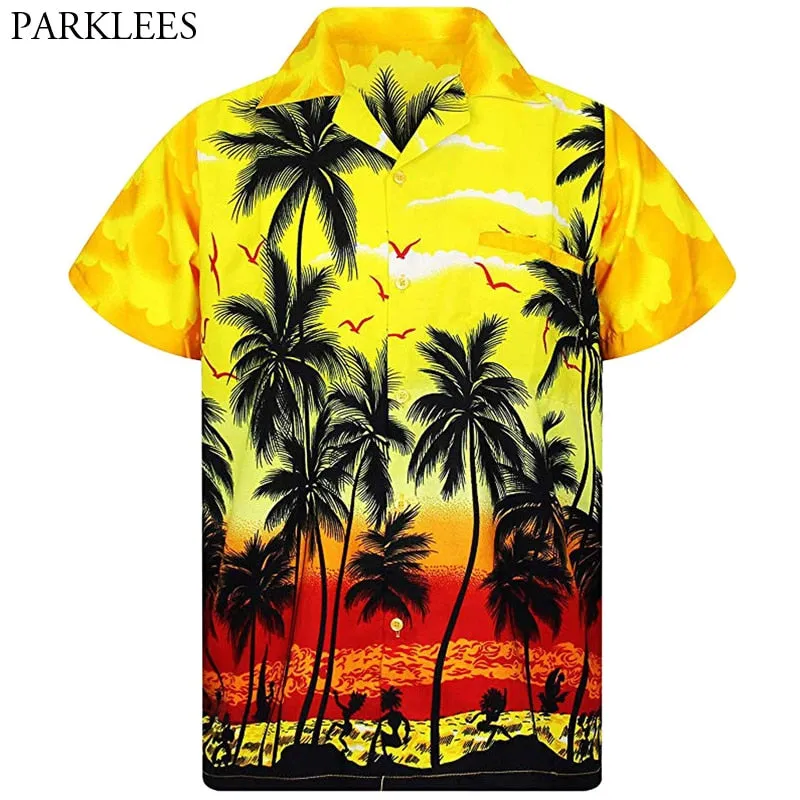 Yellow Hawaiian Beach Shirt Men 2020 Summer Fashion Palm Tree Printed Mens Tropical Aloha Shirts Holiday Vacation Chemise Homme